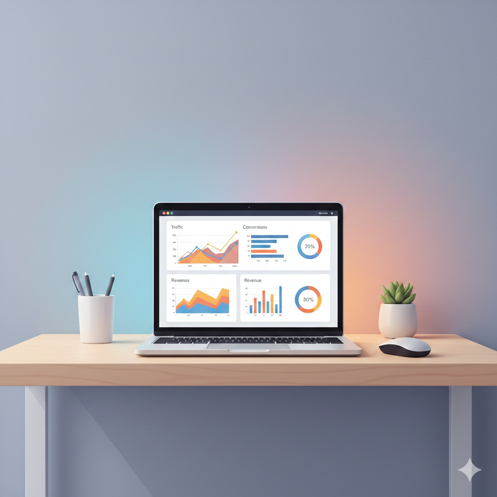A laptop on a wooden desk displays a business analytics dashboard with charts and graphs,