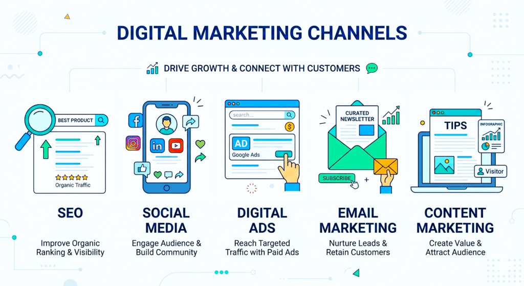 digital marketing channels including SEO social media ads and email marketing