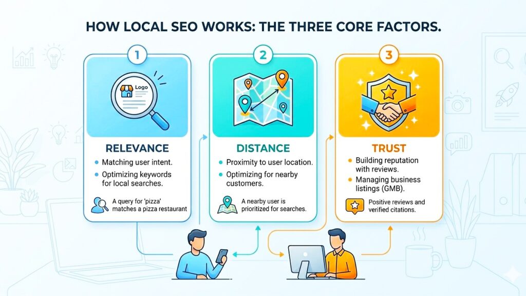 diagram showing how local SEO works based on relevance distance and trust