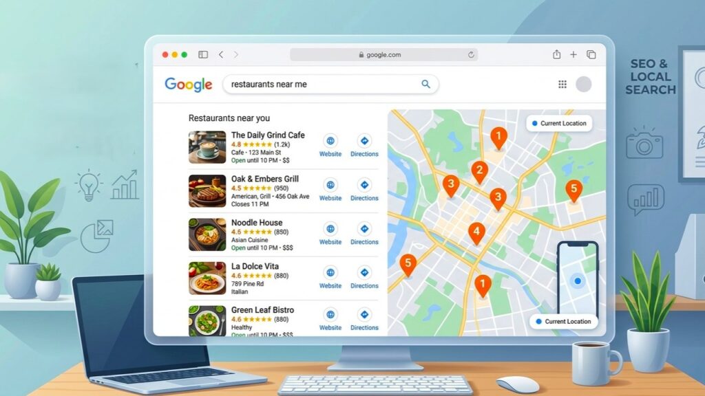 example of local SEO search results on Google with map listings