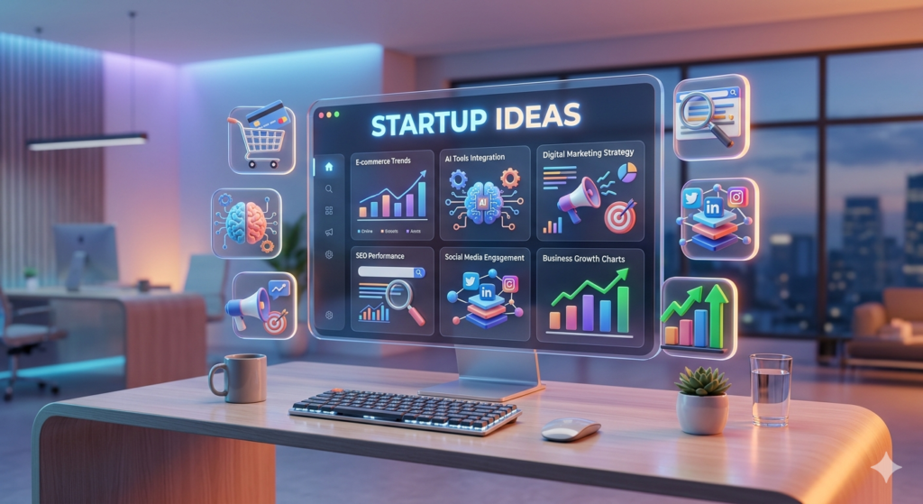 startup ideas for beginners 2026 ecommerce AI digital marketing growth concept